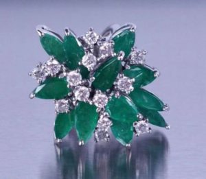 14K White Gold Natural Emerald and Diamond Estate Ring